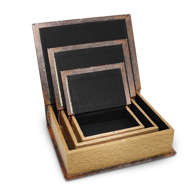 Jolitac Decorative Book Boxes World Map Pattern Antique Book Invisible box with Magnetic cover  Faux Wood Set of 3 Storage Set (Dark Vintage) - Image 4